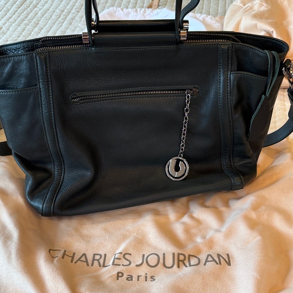 Charles Jourdan Black Leather Satchel with Signature Charm